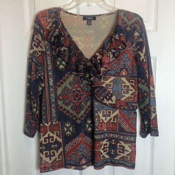 Chaps Denim 3/4 Sleeve Blouse with Ruffle V-Neck   Size XL - Picture 1 of 7